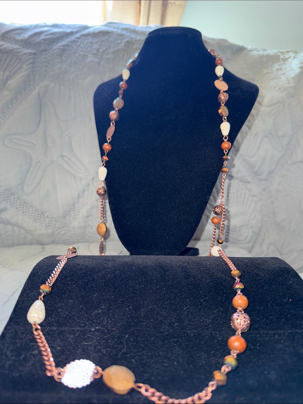 Copper-Tone Long Beaded Necklace with Orange and Cream Accents